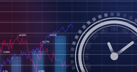 Dashboard displaying red and blue line charts on dark grid, with analog clock graphic, copy space....