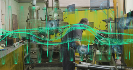 Operating technician adjusting milling machine in machine shop with digital overlays, copy space....