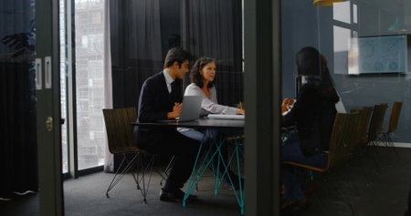 Discussing three business professionals collaborating at conference table, with laptop papers....