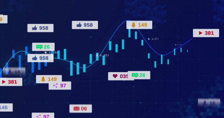 Displaying candlestick chart with smooth trend line on analytics dashboard, with social media icons. Data visualization, digital analytics, dashboard, financial chart, social metrics, user engagement, technologyの写真素材