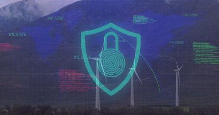 Hovering digital shield over wind farm, highlighting turbines and padlock fingerprint code overlays....