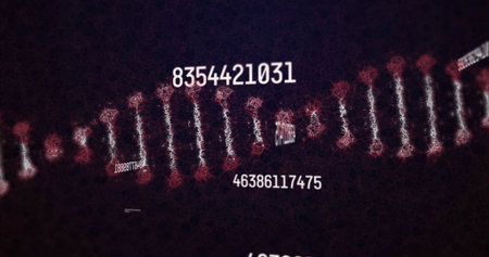 Rotating helix in dark digital space, with numeric strings, glowing nodes and connecting filaments. Futuristic, data visualization, cyber, abstract, technological, digital environment, scienceの写真素材