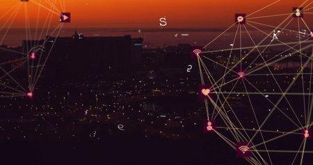 Displaying digital network graph over coastal cityscape at dusk, with network icons, copy space. Futuristic, technology, connectivity, data, innovation, urban, visualizationの写真素材