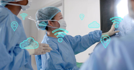 Touching Korean female surgeon examining monitor at OR wearing gown, mask and gloves, digital icons....
