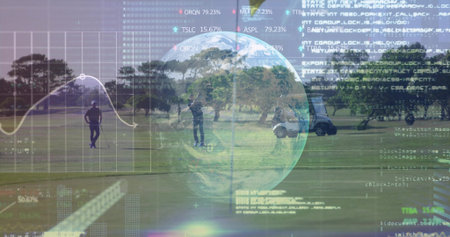 Playing golfers swinging clubs on fairway, with golf cart. Outdoor, leisure, professional, sporty