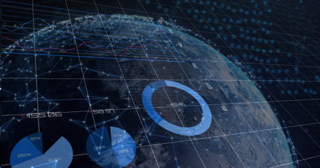 Rotating 3D Earth globe showing data charts, grid overlay and numeric labels in analytics hub....