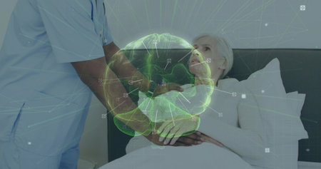Supporting nurse holding elderly patient in hospital bed with stethoscope and brain hologram....