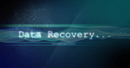 Presenting Data Recovery with encrypted data transfer on interface, progress-bar and dotted wave. Technology, cybersecurity, innovation, digital interface, networking, data visualization, futuristicの写真素材