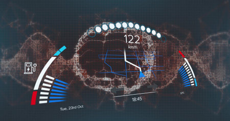 Showing dashboard on map in car dash, with speedometer, indicators, charging icon and route overlay....