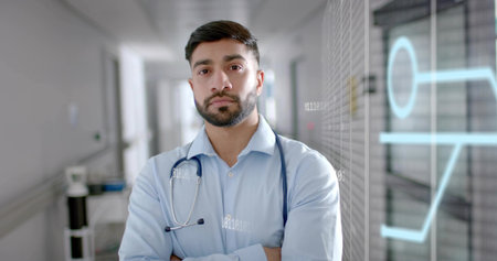 Standing doctor wearing shirt and stethoscope crossing arms in hospital, trolley, binary interface....