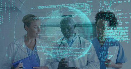 Examining tablets, white coat doctors and scrub nurse in ward corridor, with globe and code overlay. Healthcare, technology, innovation, professionalism, data, analysis, digitalの写真素材