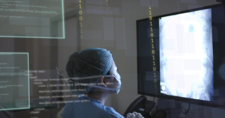 Examining woman in blue scrubs viewing chest Xray screen in radiology room, binary code, copy space....