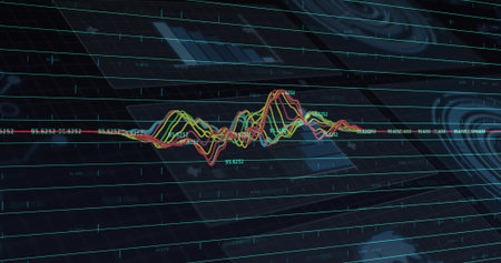 Displaying teal grid interface screen showing multi-colored waveform lines with numeric labels....