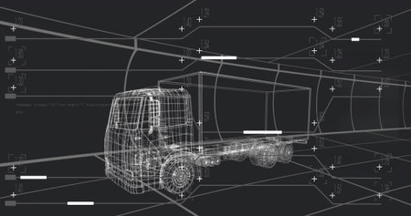 Rotating wireframe cargo truck model in CAD workspace with grid lines and numeric tags. 3d, technical, futuristic, engineering, industrial, schematic, digitalの写真素材