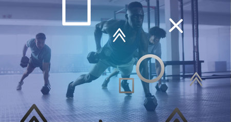 Performing plank rows three fitness enthusiasts holding dumbbells on gym floor, with large windows....