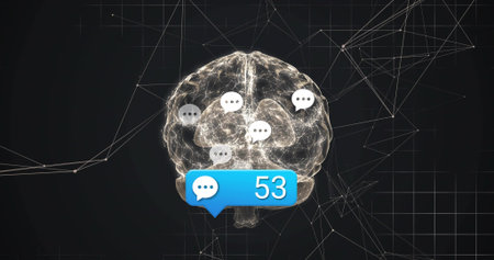 Floating brain glowing in network grid environment, with blue notification bubble and speech icons. Futuristic, technology, digital, innovation, communication, virtual, interconnectedの写真素材