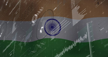 Displaying Indian flag waving over analytics backdrop, with data visualizations and HUD markers. Technology, analytics, data, visualization, digital, infographic, interfaceの写真素材