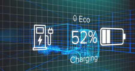 Moving wireframe semi-truck in virtual 3D grid, showing EV charging icon, battery icon and 52% text....