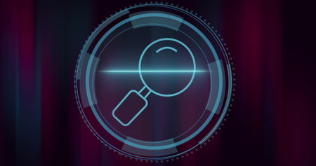 Displaying circular HUD scanning red-purple gradient with segmented rings and magnifying glass icon. Futuristic, technology, interface, digital, innovation, cyber, dashboardの写真素材