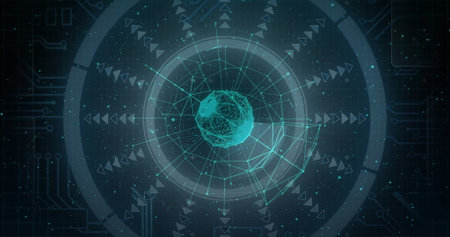 Rotating wireframe sphere pulsing on virtual UI, with rings, mesh, radial arrows and particles....