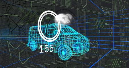 Displaying neon blue 3D wireframe SUV model in HUD interface, with numeric 155 and map overlay....