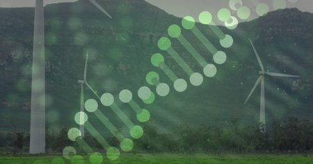 Rising three-blade wind turbine spinning above pasture by hill with stylized DNA overlay. Renewable, sustainability, ecology, cleanenergy, landscape, technology, environmentの写真素材