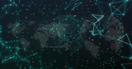 Displaying world map using glowing teal dots and lines with polygonal nodes, particles on dark grid. Geography, visualization, technology, connectivity, futurism, digital, dataの写真素材