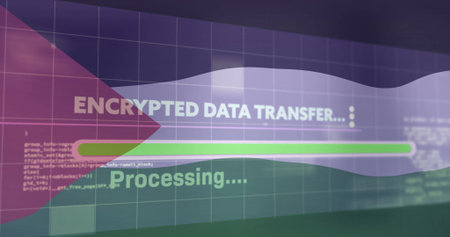 Interface displaying encrypted data transfer processing on screen, with green progress bar and grid. Cybersecurity, digital, technology, interface, progress, data, futuristicの写真素材