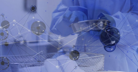 Technician wearing protective gown, blue gloves, handling bowl on lab bench, with molecular overlay....