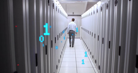 Walking technician wearing blue shirt, dark pants down server rack aisle, with floating binary code....