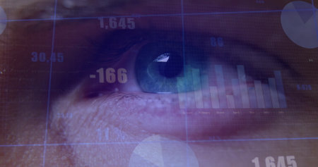 Overlaying eye at dark tech interface, with digital bar chart, pie chart segments and numeric HUD. Futuristic, analytics, visualization, technology, innovation, cybersecurity, biometricの写真素材