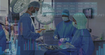 Performing surgery lead surgeon holding forceps above tray in operating room, with data overlay. Medical, teamwork, clinical, innovation, precision, healthcare, analysisの写真素材