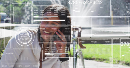 Leaning woman wearing white t-shirt speaking on smartphone by bicycle in park, with digital panels. Technology, urban, vibrant, casual, fitness, productivity, communicationの写真素材