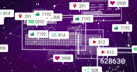 Floating wireframe keyboard and screens amid purple node mesh, showing social icons and counters....