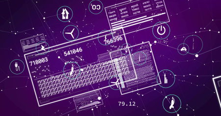Displaying keyboard outline floating on purple background with data panels and network icons....
