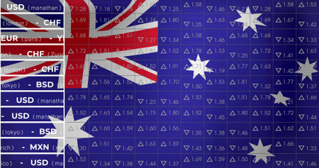 Displaying Australian flag graphic over virtual trading screen, with currency list and trend arrows. Patriotism, finance, digital, data visualization, international, investment, economyの写真素材