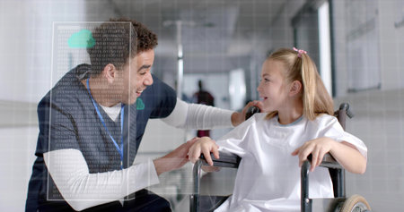 Caregiver in scrubs pushing smiling patient in wheelchair down lit hospital corridor, with charts....