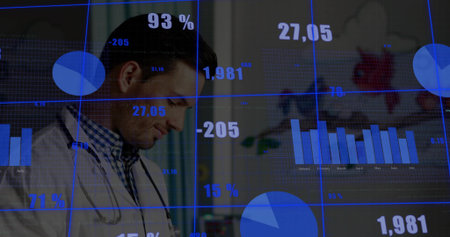 Displaying Asian physician wearing lab coat reviewing chart overlays in exam room, copy space....