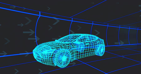 Showing cyan wireframe car model within virtual tunnel, with neon gridlines and arrow icons....