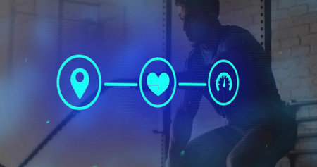 Lifting lifter performing deadlift in dim gym, with barbell plates, rack, fitness icons, copy space. Fitness, strength, determination, modern, industrial, empowerment, workoutの写真素材