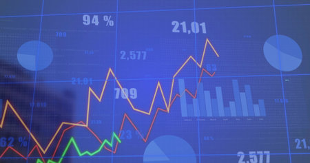 Displaying dashboard at control room screen with line graphs, bar chart, pie charts, numeric labels....