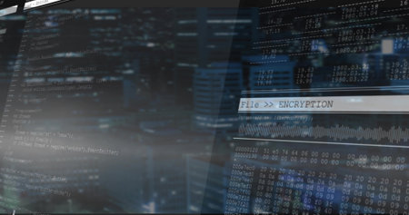 Displaying encryption interface with scrolling script and hex dump over blurred night skyline. Futuristic, cybersecurity, digital, technology, urban, interface, cryptographyの写真素材