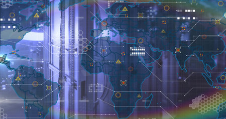 Translucent world map overlay floating in data center, with server racks, hex grid, warning icons....