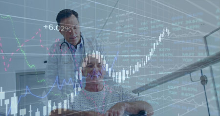 Standing doctor supporting patient in hospital gown in wheelchair at hospital, with chart overlay....