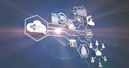 Displaying digital network globe at virtual space, linking cloud server rack tool and user icons....