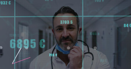 Lowering doctor in coat pulling down surgical mask in hospital corridor with financial data overlay....