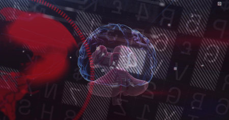 Floating translucent 3D brain hovering in medical interface, with alphanumeric and Greek overlays....