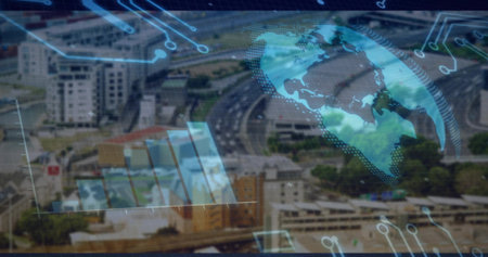 Displaying overlay over highways and midrises at drone angle with bar chart, globe and circuits. Analytics, urban, technology, innovation, infrastructure, connectivity, dataの写真素材
