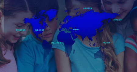 Leaning students and mentor studying interactive display in tech classroom, with numeric map labels. Educational, collaborative, technological, modern, learning, data visualization, teamworkの写真素材