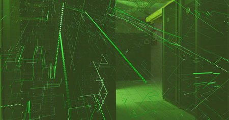 Displaying dim interior corridor projecting neon-green digital grid with tiles, pillars, dark walls....